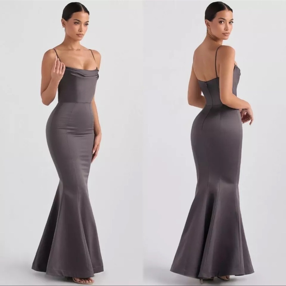 NWOT HOUSE OF CB Violette Satin Mermaid Gown in Dark Grey Size small
